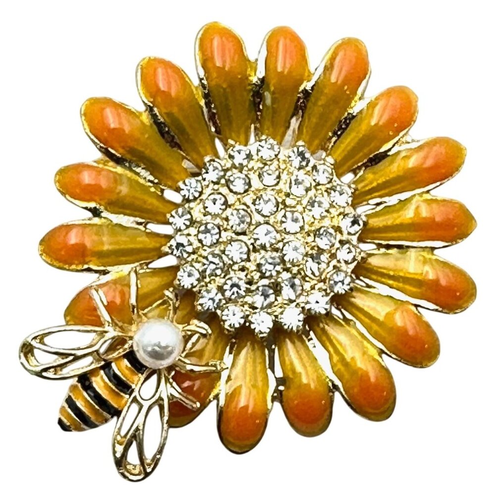 Yellow Orange Sunflower Bee Brooch Pin Gold Tone 1.5 Inch New